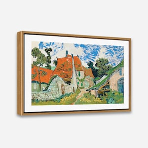 May include: A painting of a village scene with houses with red roofs and a blue sky. The houses are painted in a style reminiscent of Vincent van Gogh.