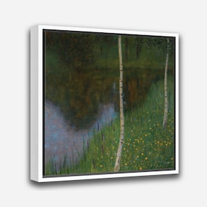 Vintage Wall Art Print - Lakeshore With Birches by Gustav Klimt - 1 or 2 Panel Framed Canvas Print, 24x36/24x24/16x24/16x16 inch