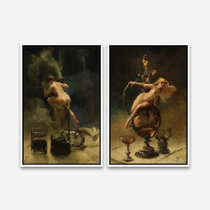 Wine & Woman by Luis Ricardo Phalero - Vintage Wall Art Print - 1 or 2 Panel Framed Canvas Print - 24x36/24x24/16x24/16x16 inch - Artcity6