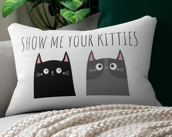 Long Lumbar Cat Pillow: "Show Me Your Kitties" Trendy Throw Pillow