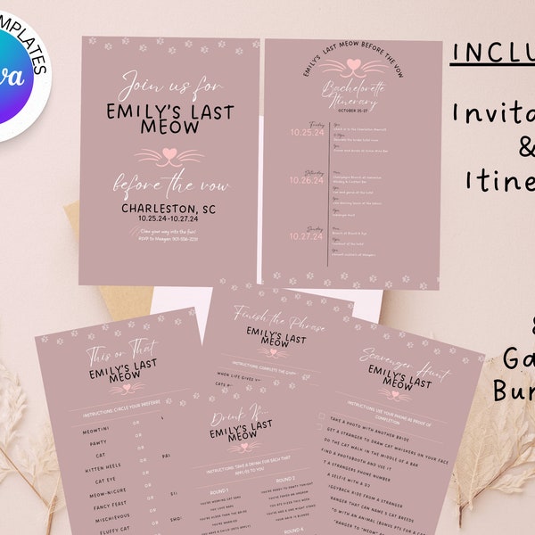Last Meow Before The Vow Bachelorette Itinerary and Game Bundle, Cat Bachelorette Party Invitation, Cat Themed Download, Cat Bach Games