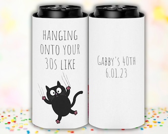 Custom 40th Birthday Koozies, Cat Theme Party Favors, 40th Birthday Gifts for Women, Personalized Slim Can Cooler, Bulk Favors