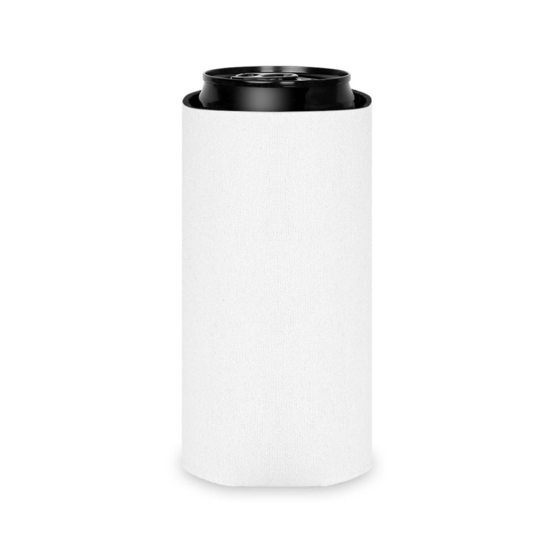 May include: White neoprene can cooler with a black top. The cooler is designed to fit a standard 12-ounce can.