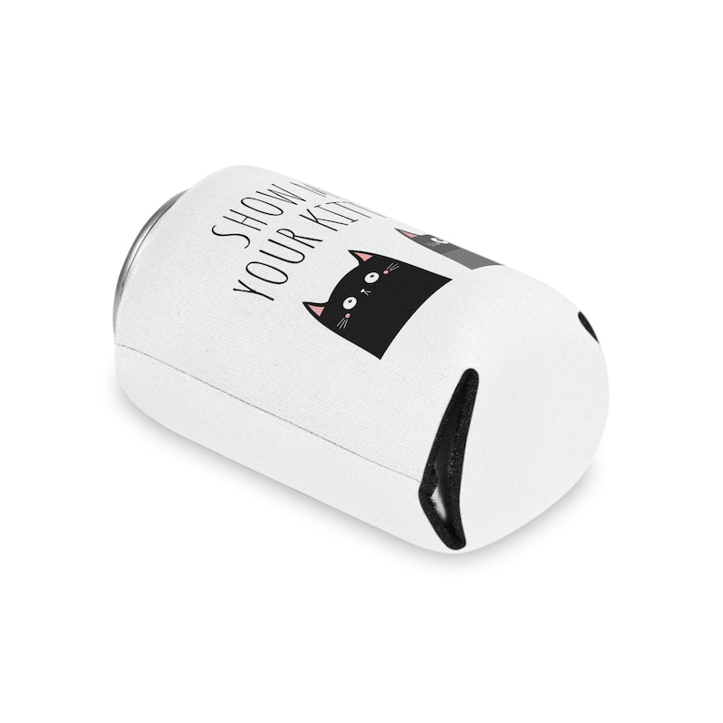 May include: White can cooler with a black cat illustration and the text "Show Your Kitty".