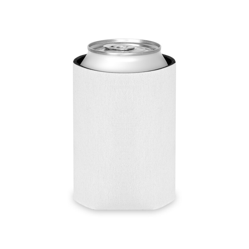 May include: White neoprene can cooler with a black top and bottom. The cooler is designed to fit a standard 12-ounce can.