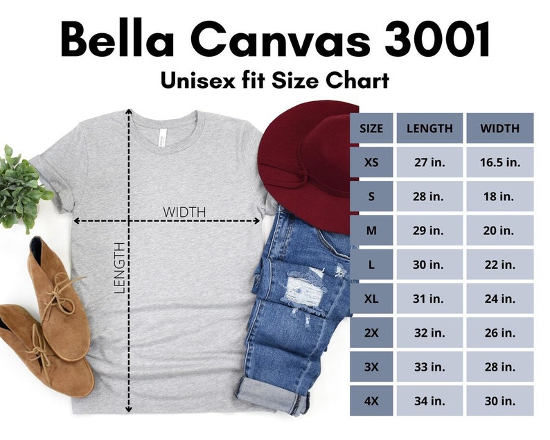 May include: A light gray Bella Canvas 3001 t-shirt with a size chart. The chart shows measurements for XS to 4X sizes, with lengths from 27 to 34 inches and widths from 16.5 to 30 inches. A pair of brown shoes and a burgundy hat are also visible.