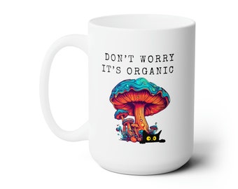 Mushroom Cat Mug, Psychedelic Ceramic Coffee Cup 15oz, Magic Mushroom Gift, Trippy Cat Mug, Funny Cat Dad Mug, Black Cat Gift