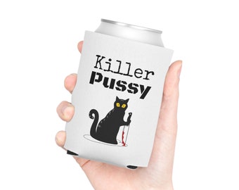 Funny Killer Cat Slim Can Koozie, Cat with Knife, Murder Cat, Cat Coozie, Funny Koozie, Skinny Can Cooler, Cat Knife What, Cat Themed Gifts