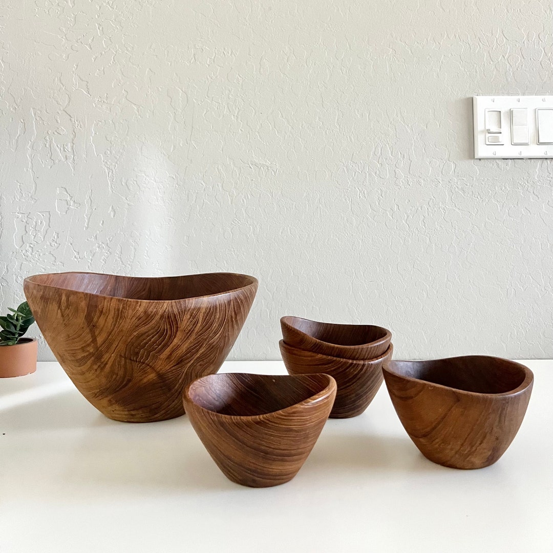 Vintage 1970s Genuine Teak Wood Curved Salad Bowl Set/ 5 Piece / Made