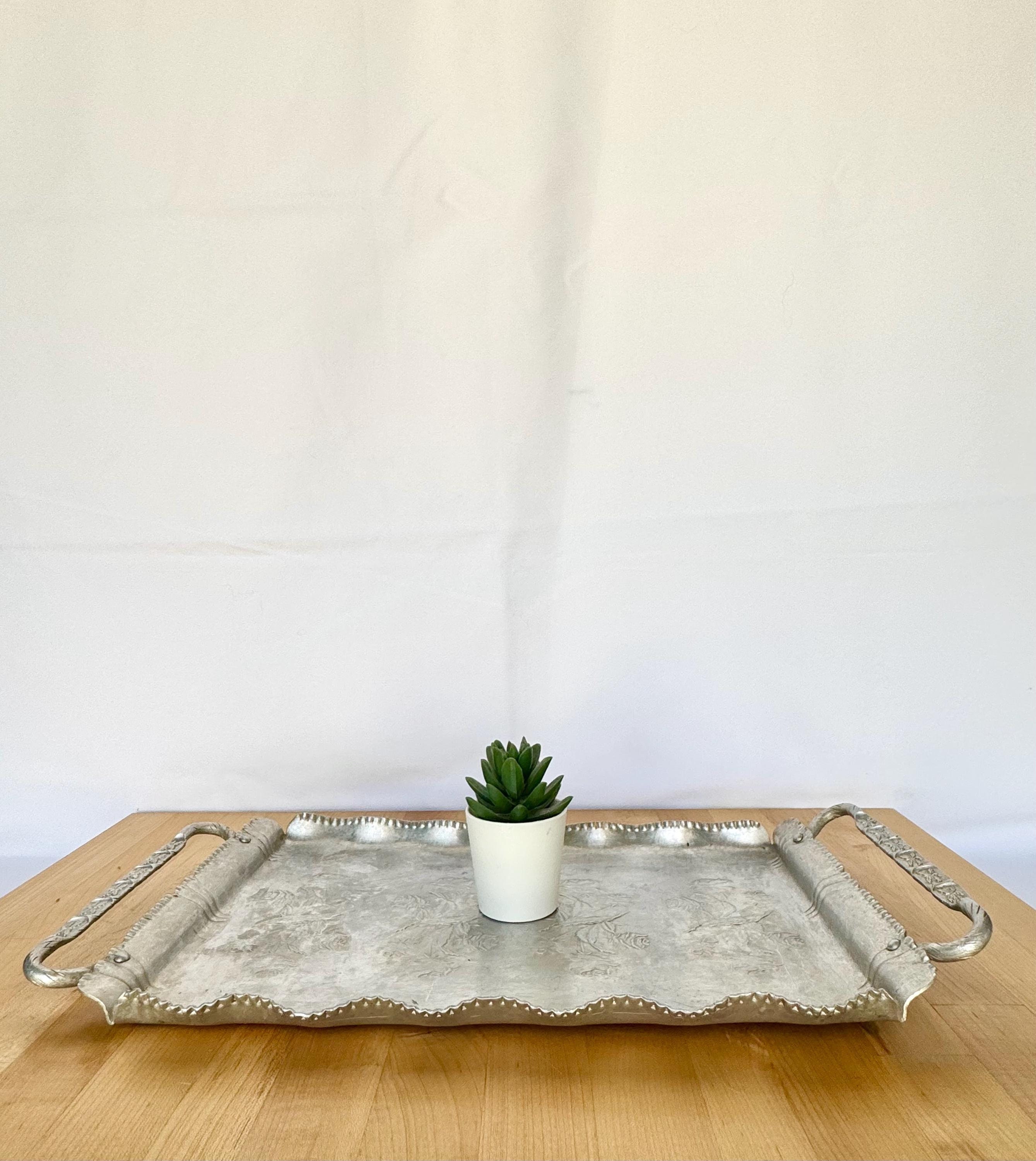 Vintage silver aluminum decorative or serving tray with embossed  rose flower design