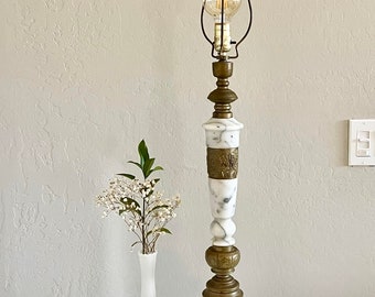 Vintage tall white marble and brass lamp