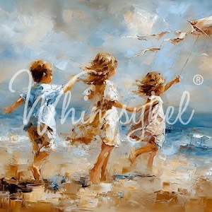 Puede incluir: Pintura impresionista de tres niños corriendo en una playa, volando una cometa. La obra utiliza azules, beiges y blancos, con el texto "Whimsytel" en cursiva. El pelo y la ropa de los niños se agitan con el viento.