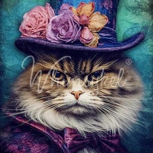 May include: A fluffy, long-haired cat wearing a purple and blue top hat with pink and purple flowers. The cat has a serious expression and is wearing a purple bow tie.