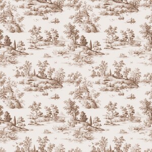 May include: A repeating pattern featuring a sepia-toned pastoral scene. The design includes small houses, trees, boats, and figures, creating a classic toile de Jouy aesthetic. The overall color palette is a warm brown on a cream background.