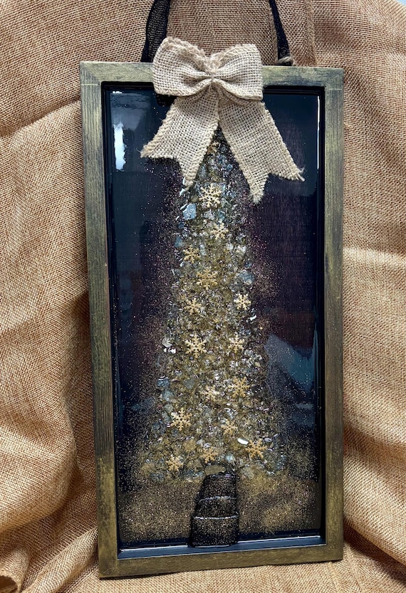 Crushed Glass & Resin Christmas Tree Art – Elegant Gold, Coastal Turquoise, or Rustic Music-Themed Handmade Holiday Wall Decor