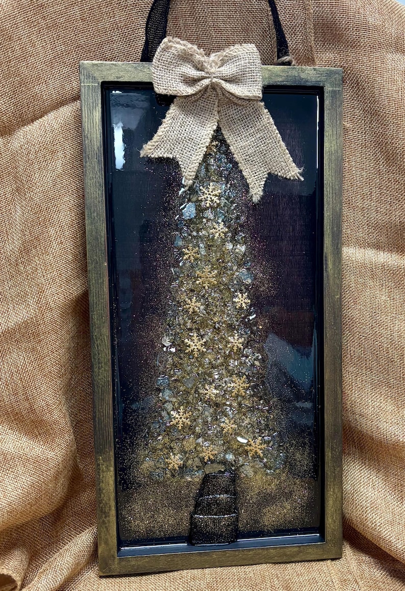Crushed Glass & Resin Christmas Tree Art – Elegant Gold, Coastal Turquoise, or Rustic Music-Themed Handmade Holiday Wall Decor image 1