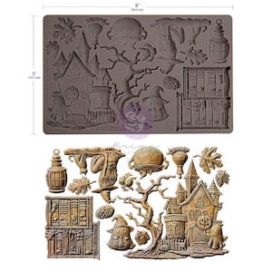 May include: A silicone mold featuring a Halloween theme. The mold includes a haunted house, ghosts, pumpkins, trees, and other spooky elements. The mold is 8 inches (20.3 cm) wide and 5 inches (12.7 cm) tall.