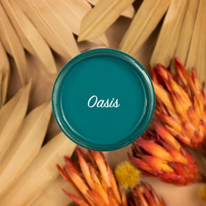 May include: A teal green paint can with the word "Oasis" written in white on the label. The can is surrounded by dried palm leaves and orange flowers.
