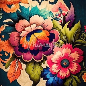 May include: A colorful floral pattern with pink, blue, yellow, and green flowers on a dark blue background. The flowers are stylized and have a whimsical feel.