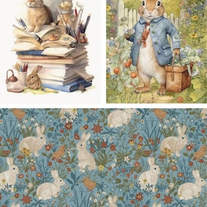 May include: Watercolor illustrations featuring rabbits. One shows a rabbit atop a stack of books with pencils and a small rabbit at the base. Another depicts a rabbit in a blue jacket holding flowers and a basket. The third is a blue floral pattern with rabbits.