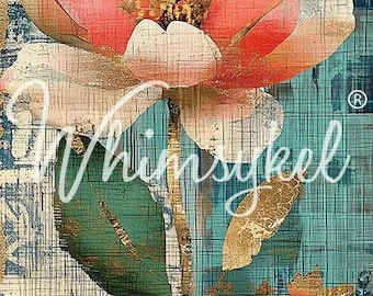May include: A floral art print featuring a large flower with pink, orange, and white petals. The background has a teal and gold textured design with the word "Whimsykell" in white script.