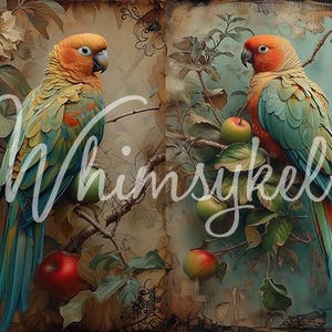 May include: Two green and orange parrots perched on branches of a tree with green leaves and red apples. The background is a vintage, faded, brown and blue painting.