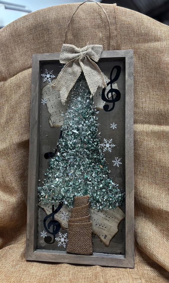 Rustic Music-Themed Crushed Glass and Resin Tree Wall Art - Handmade Holiday Decor