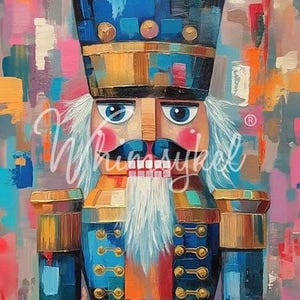 May include: A colorful, abstract painting of a nutcracker with a blue hat, white beard, and gold accents. The background is a mix of bright colors and textures.