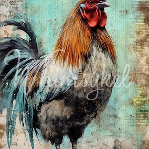 HUES & FEATHERS | Large Decoupage Tissue Paper for Furniture | Arts/Crafts | 21x29 | Whimsykel Designs | Rooster on Rustic Background