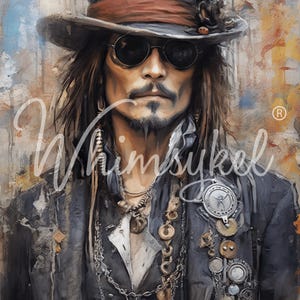 May include: Portrait of a person wearing a top hat, sunglasses, and a dark jacket adorned with multiple chains and pendants. The image has a painterly style with a blurred background and the word "Whimsykell" in the foreground.