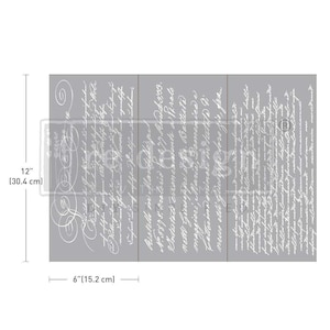 May include: A gray stencil with white script text, measuring 12 inches (30.4 cm) high and 6 inches (15.2 cm) wide. The script appears to be in Italian. The stencil is divided into three vertical sections.