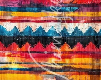 May include: Abstract watercolor pattern with horizontal stripes in shades of red, orange, yellow, blue, and black. The pattern is reminiscent of a southwestern or Native American design.