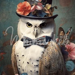 Reginald Large Decoupage Tissue Paper for Furniture 21x29 Whimsykel Designs Owl in Top Hat