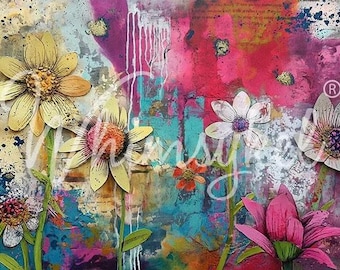 May Flowers Large Decoupage Tissue Paper for Furniture 21x29 Whimsykel Designs Spring Flowers on Abstract Background