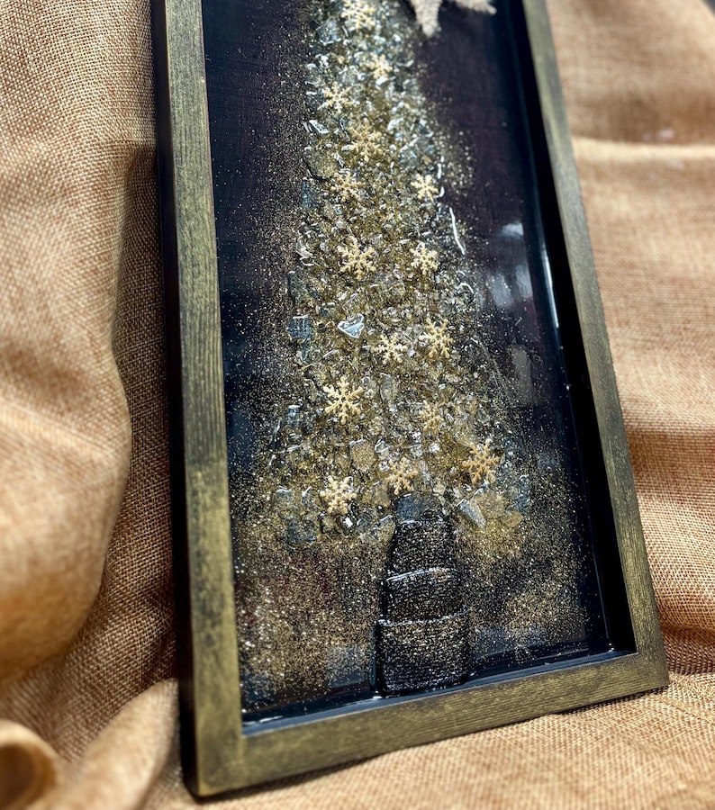Crushed Glass & Resin Christmas Tree Art – Elegant Gold, Coastal Turquoise, or Rustic Music-Themed Handmade Holiday Wall Decor image 6