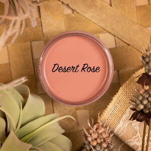 May include: A small jar of pink paint with the text "Desert Rose" on the label. The jar is sitting on a woven surface with dried flowers and plants.