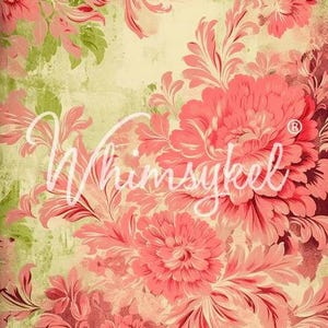 May include: Floral pattern with large, coral-colored flowers and green leaves on a light yellow background. The word "Whimsykel" is written in a cursive font across the image. The design has a vintage, romantic feel.