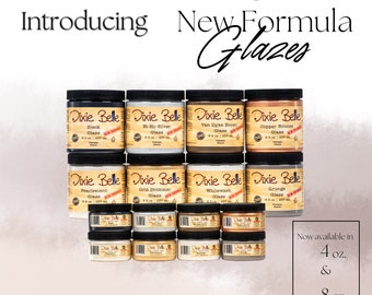 May include: A collection of 12 Dixie Belle glaze jars in various colors, including black, silver, brown, copper, pearlescent, gold, whitewash, and gray. The jars are labeled with the Dixie Belle logo and the name of the glaze. The text "New Formula" is visible on the jars. The text "Now available in 4 oz. & 8 oz." is visible at the bottom right of the image.