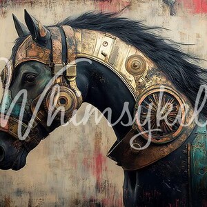 May include: A black horse with a long mane and tail is wearing a gold and copper helmet with intricate details. The helmet has a large gear-like design on the side. The horse's head is turned to the side, and its eyes are closed.