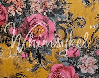 May include: A painting of pink roses and other flowers on a yellow background with black swirls. The painting is signed "Whimsykeel" in the lower center.