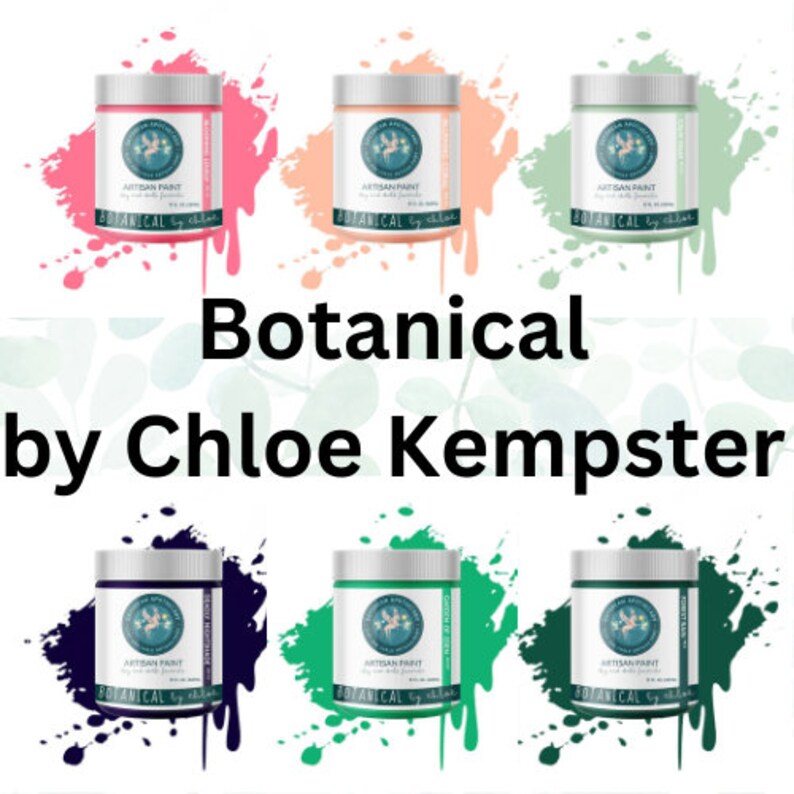 Puede incluir: Seis botes de pintura artesanal en varios colores, incluyendo rosa, melocot&oacute;n, verde, azul marino y dos tonos de verde. Los botes est&aacute;n etiquetados con "Artisan Paint" y "Botanical by Chloe Kempster".