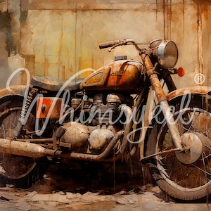May include: A rusty vintage motorcycle with a brown leather seat and chrome accents. The motorcycle is parked in front of a textured wall with a faded yellow and brown color scheme.