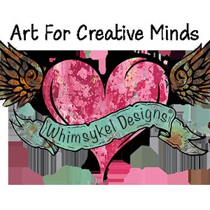 May include: A pink heart with wings and a banner that reads "Whimsykel Designs" with the text "Art For Creative Minds" above the heart.