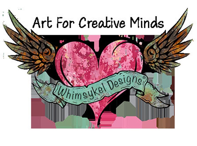May include: A pink heart with wings and a banner that reads "Whimsykel Designs" with the text "Art For Creative Minds" above the heart.