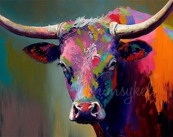 Oscar: Longhorn Large Decoupage Tissue Paper for Furniture 21x29 Whimsykel Designs Longhorn on Colorful Background