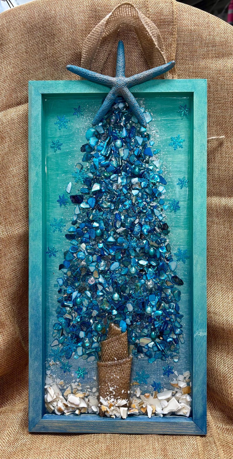 Crushed Glass & Resin Christmas Tree Art – Elegant Gold, Coastal Turquoise, or Rustic Music-Themed Handmade Holiday Wall Decor image 2