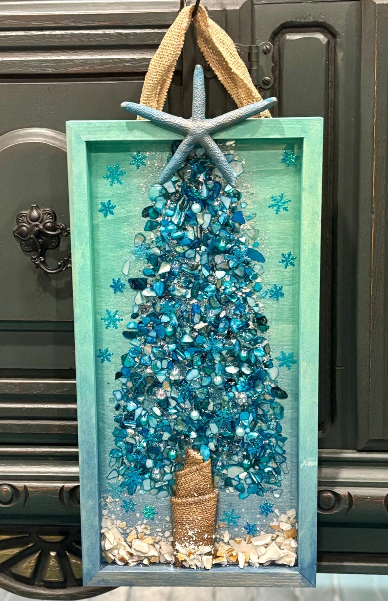 Crushed Glass & Resin Christmas Tree Art – Elegant Gold, Coastal Turquoise, or Rustic Music-Themed Handmade Holiday Wall Decor image 11