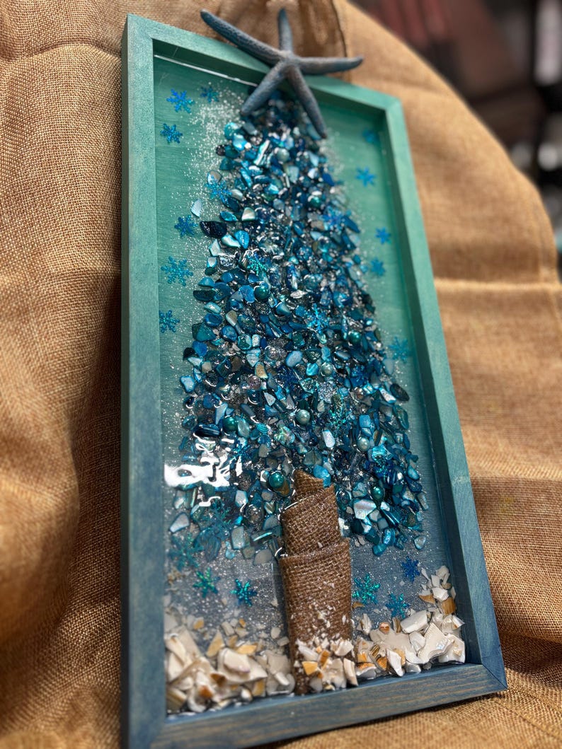 Crushed Glass & Resin Christmas Tree Art – Elegant Gold, Coastal Turquoise, or Rustic Music-Themed Handmade Holiday Wall Decor image 16