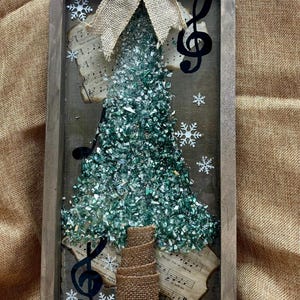 Crushed Glass & Resin Christmas Tree Art – Elegant Gold, Coastal Turquoise, or Rustic Music-Themed Handmade Holiday Wall Decor image 3