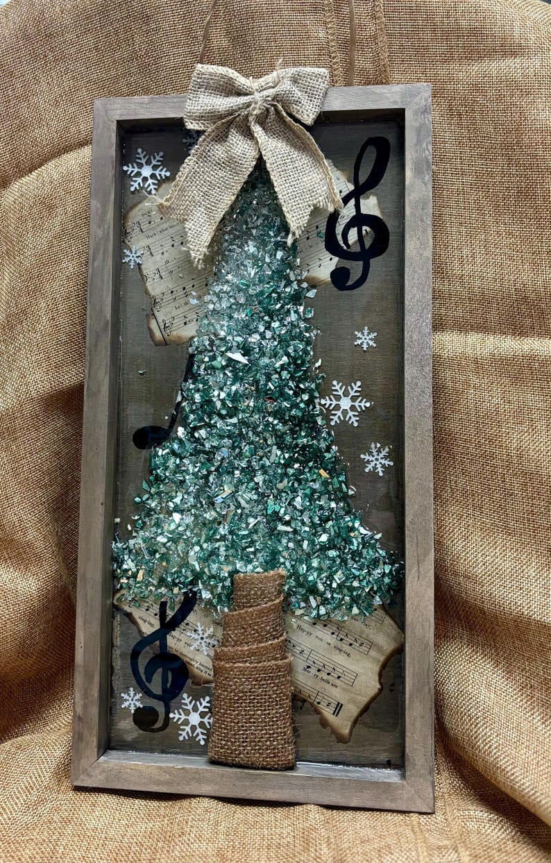 Crushed Glass & Resin Christmas Tree Art – Elegant Gold, Coastal Turquoise, or Rustic Music-Themed Handmade Holiday Wall Decor image 3
